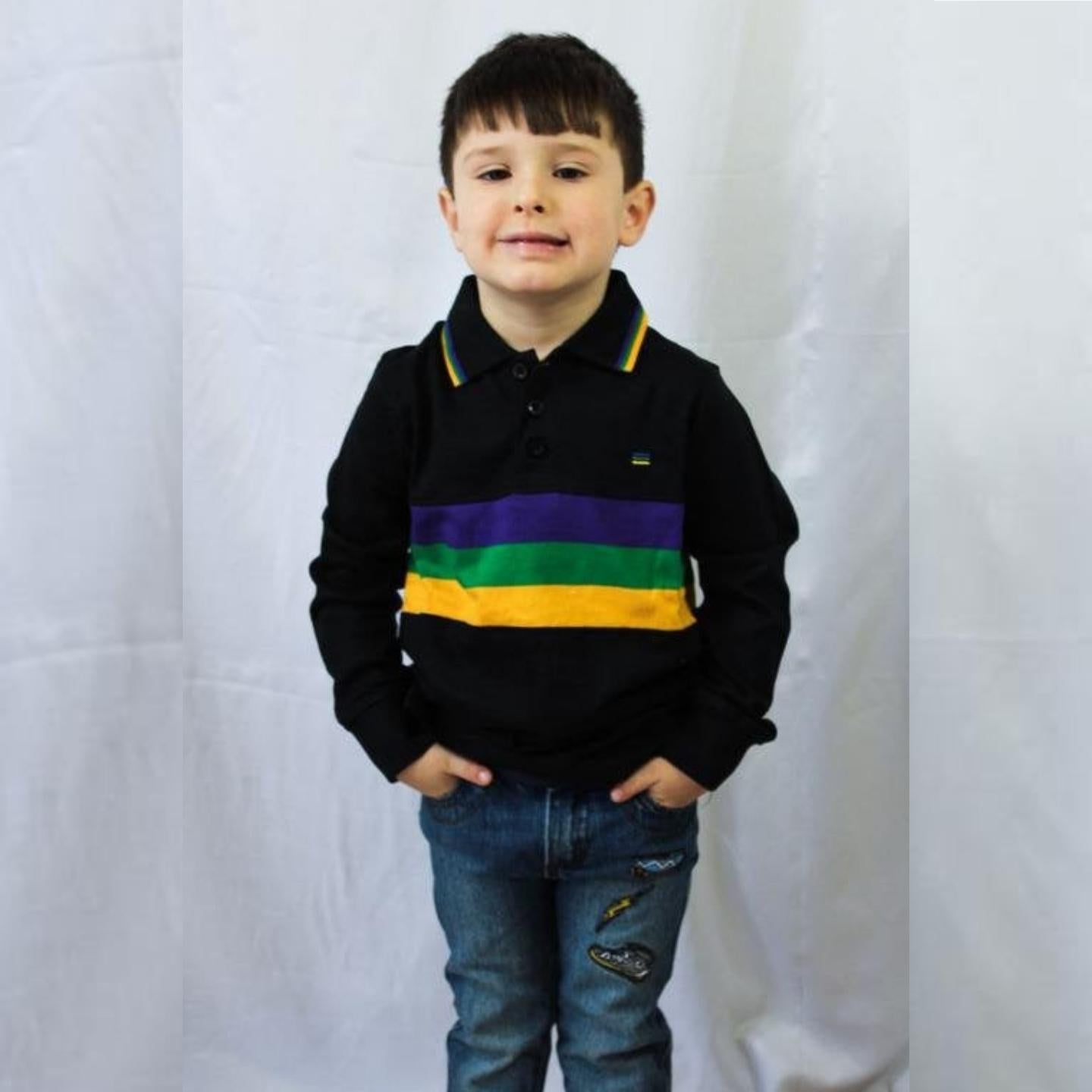 Mardi Gras Kids Black Long Sleeve Polo Shirt