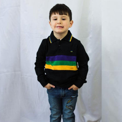 Mardi Gras Kids Black Long Sleeve Polo Shirt