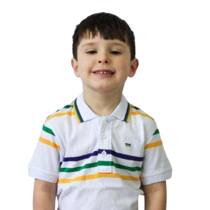 Mardi Gras Kids White Polo Shirt W/Purple, Green and Gold Infinity Stripes Shirt