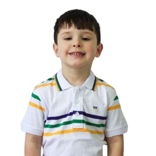 Mardi Gras Kids White Polo Shirt W/Purple, Green and Gold Infinity Stripes Shirt