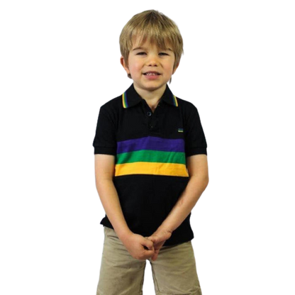 Mardi Gras Kids Black Polo Shirt With Purple Green & Gold Stripes