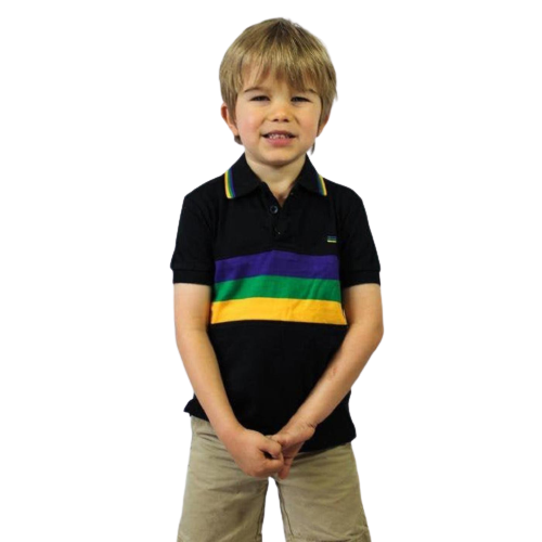 Mardi Gras Kids Black Polo Shirt With Purple Green & Gold Stripes