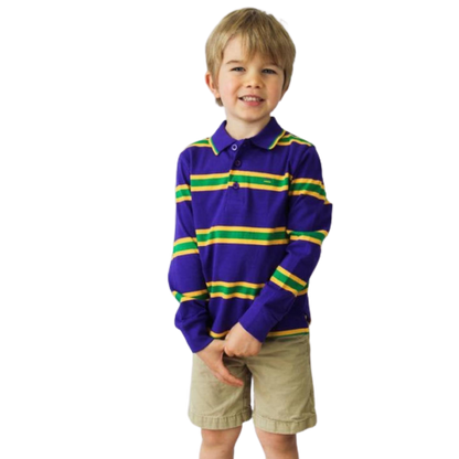 Mardi Gras Kids Purple Long Sleeve Polo Shirt W/Green and Gold Stripes