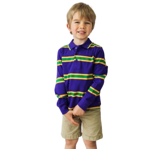 Mardi Gras Kids Purple Long Sleeve Polo Shirt W/Green and Gold Stripes