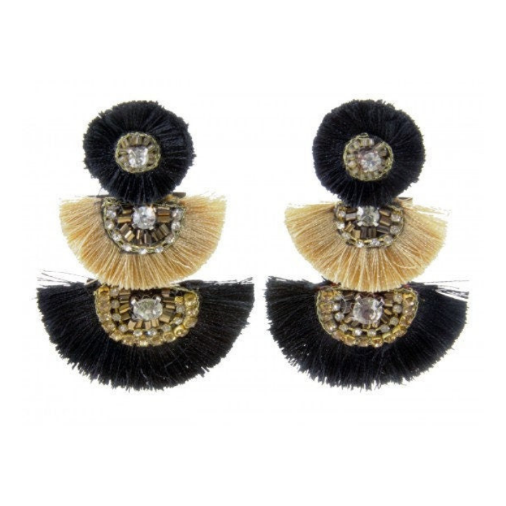 Black and Gold 3 Tier Crescent Tassel Post Earrings