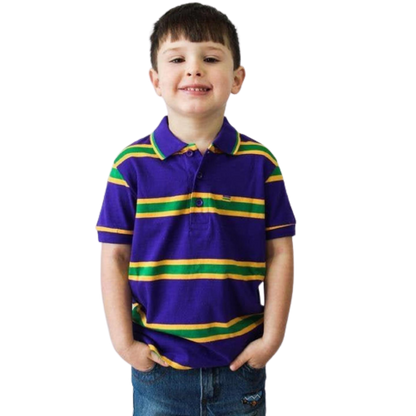 Mardi Gras Kids Short Sleeve Purple Polo Shirt W/Green and Gold Stripes