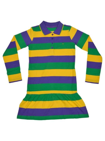 Mardi Gras Girls Rugby Polo Tennis Dress W/Purple, Green and Gold Stripes