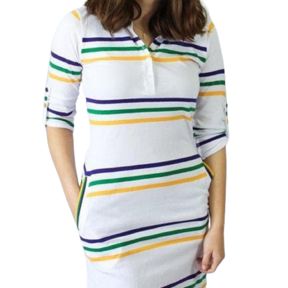 Mardi Gras Girls White Junior Dress W/Purple, Green and Gold Infinity Stripes