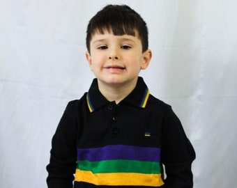 Mardi Gras Kids Black Long Sleeve Polo Shirt