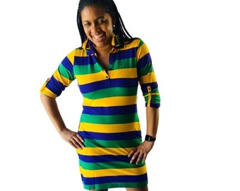 Mardi Gras Rugby Polo Dress With Purple, Green and Gold Infinity Stripes