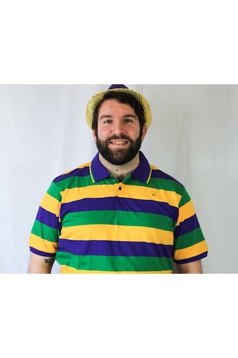 Mardi Gras Adult Short Sleeve Rugby Polo W/Purple, Green and Gold Stripes