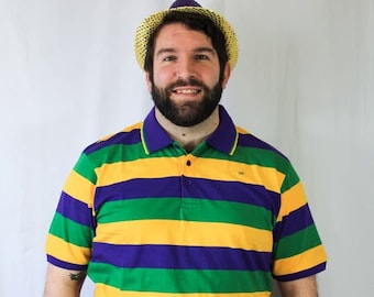 Mardi Gras Adult Short Sleeve Rugby Polo W/Purple, Green and Gold Stripes