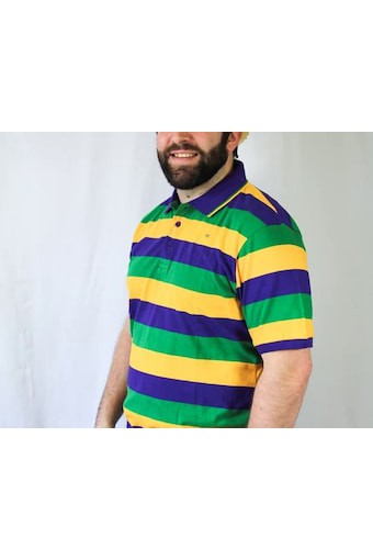 Mardi Gras Adult Short Sleeve Rugby Polo W/Purple, Green and Gold Stripes