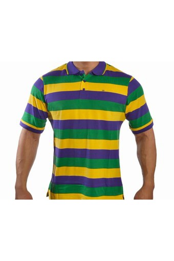 Mardi Gras Adult Short Sleeve Rugby Polo W/Purple, Green and Gold Stripes