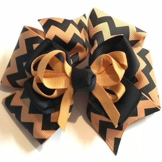 Saints Black & Gold Chevron Triple Layer Boutique Hair Bow W/Alligator Clip