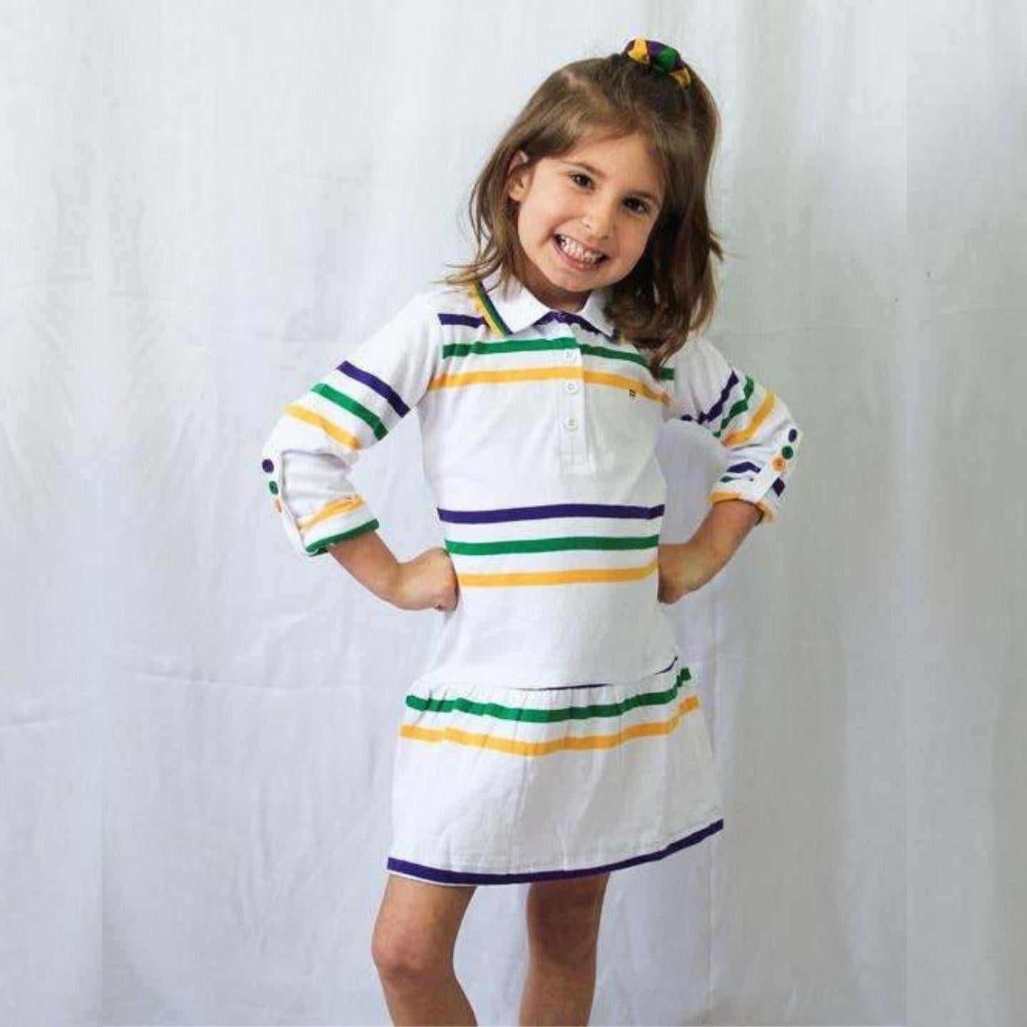 Mardi Gras Girls Toddler White Dress With Purple, Green and Gold Stripes