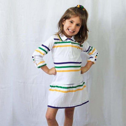 Mardi Gras Girls Toddler White Dress With Purple, Green and Gold Stripes