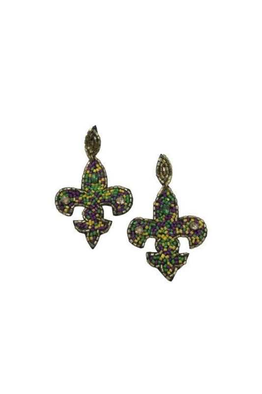 Mardi Gras  Beaded Fleur de Lis Earrings