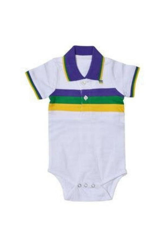 Mardi Gras Infant Baby Toddler White Chest Stripe Bodysuit With Purple Green and Gold Stripes Around The Chest