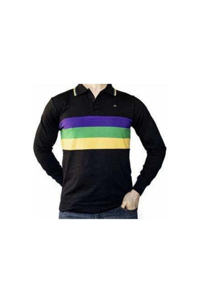 Mardi Gras Adult Black Long Sleeve Polo Shirt W/Purple Green and Gold Chest Stripes