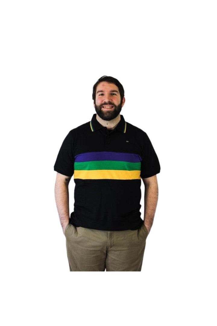 Mardi Gras Adult Black Short Sleeve Polo Shirt W/Purple Green and Gold Chest Stripes