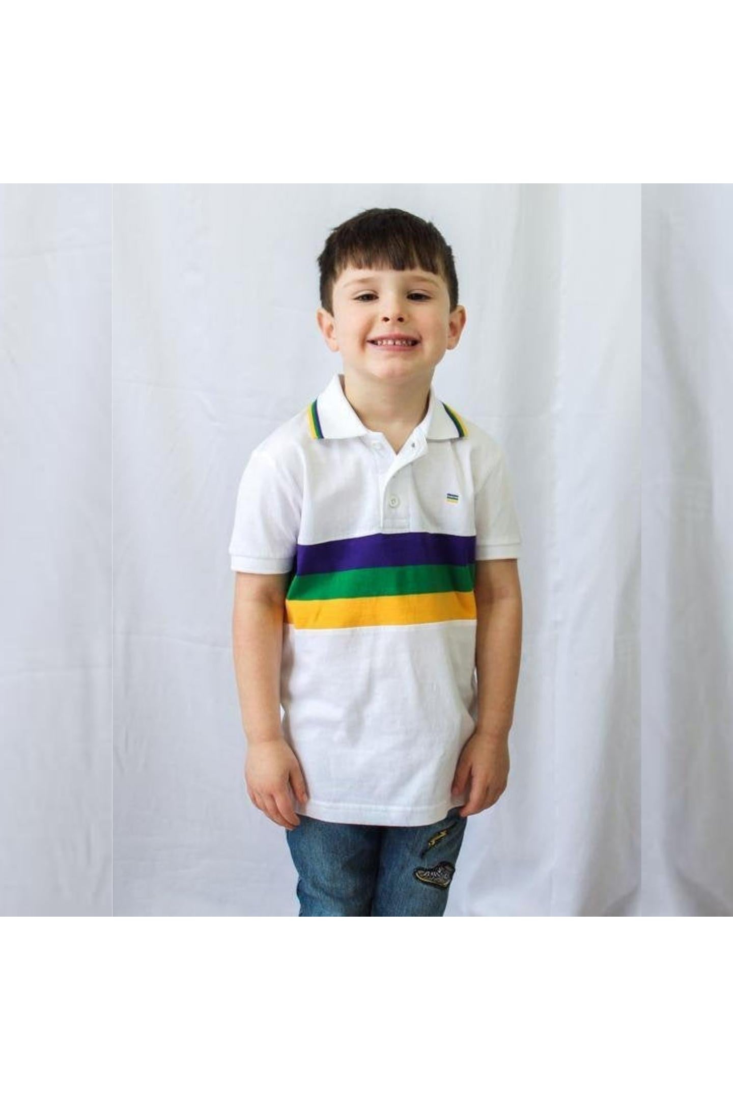 Mardi Gras Kids White Short Sleeve Polo Shirt W/Purple, Green And Gold Stripes