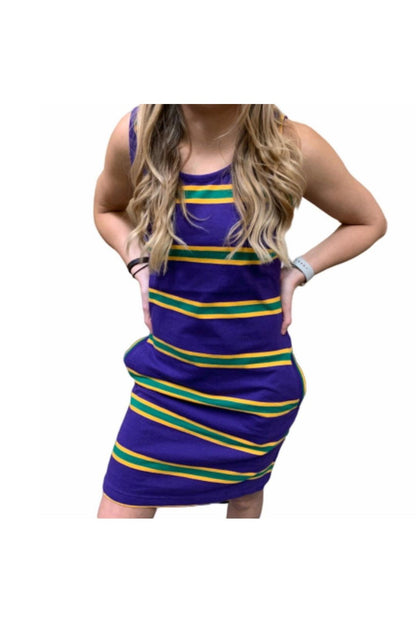 Mardi Gras Ladies Purple Tank Dress With Thin Green and Gold Infinity Stripes