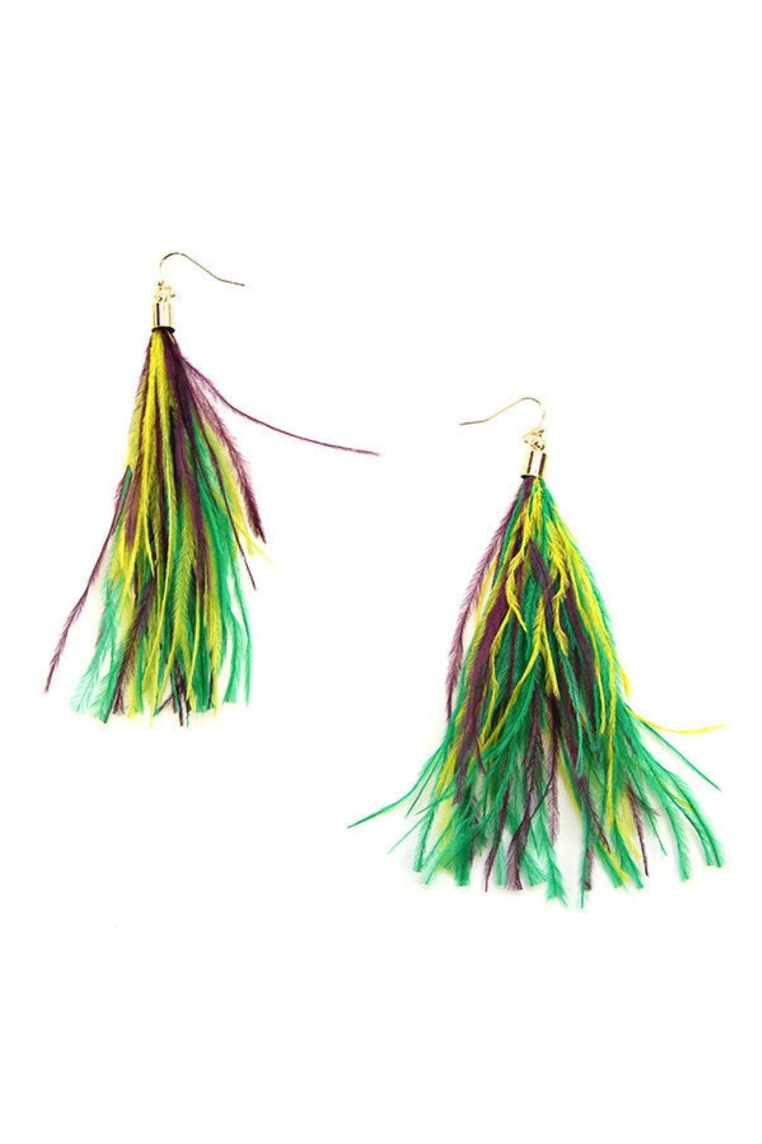 Mardi Gras Long Dangle Feather Earrings