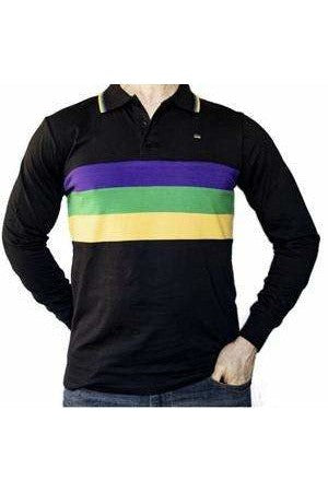 Mardi Gras Adult Black Long Sleeve Polo Shirt W/Purple Green and Gold Chest Stripes