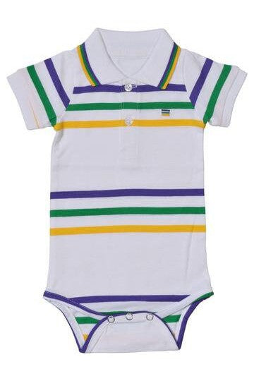 Mardi Gras Infant Bodysuit/Romper White W/Purple Green and Gold Infinity Stripes