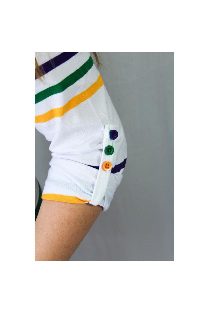 Mardi Gras Ladies White Polo Dress W/Purple, Green and Gold Infinity Stripes