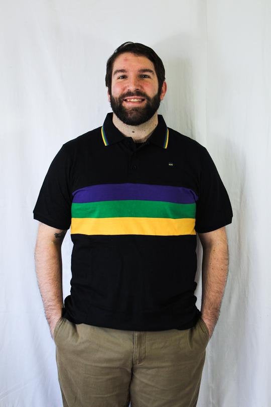 Mardi Gras Adult Black Short Sleeve Polo Shirt W/Purple Green and Gold Chest Stripes