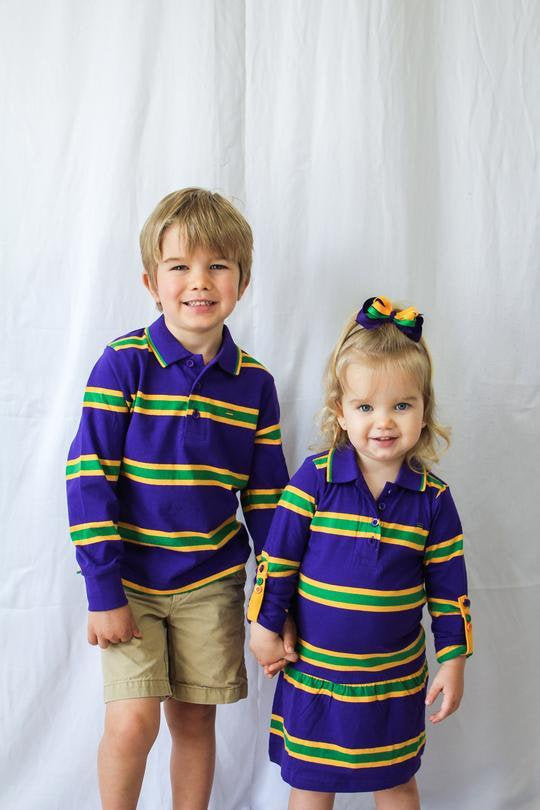 Mardi Gras Kids Purple Long Sleeve Polo Shirt W/Green and Gold Stripes