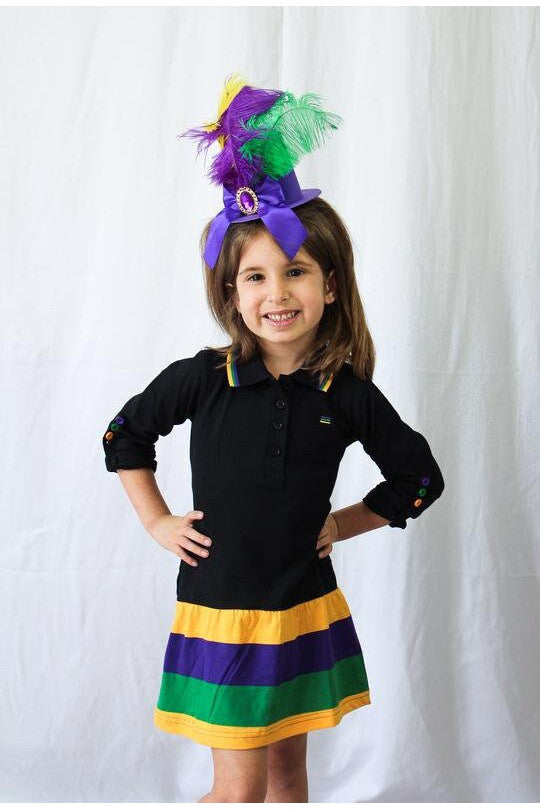 Mardi Gras Girls Black Dress With Purple Green and Gold Stripes