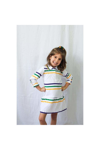 Mardi Gras Girls Toddler White Dress With Purple, Green and Gold Stripes