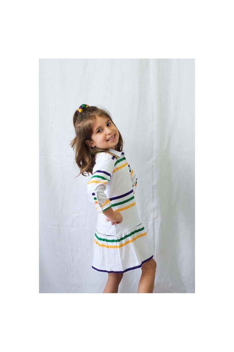 Mardi Gras Girls Toddler White Dress With Purple, Green and Gold Stripes