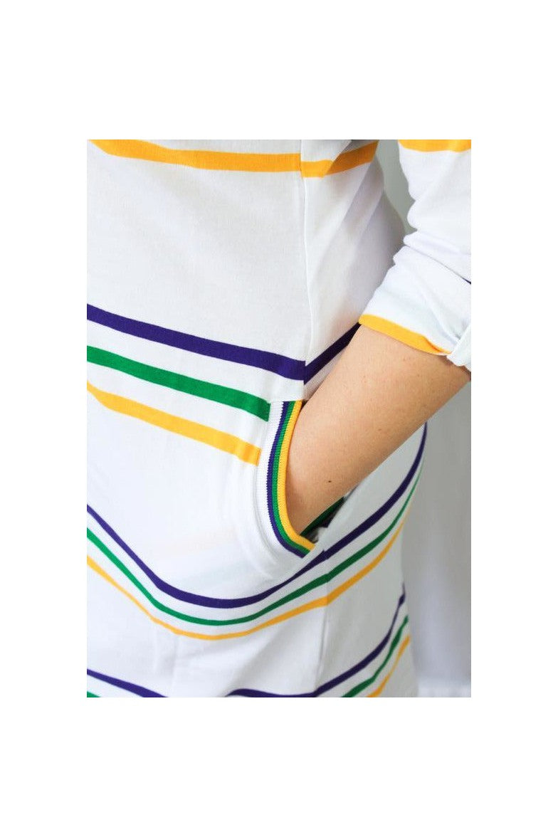 Mardi Gras Ladies White Polo Dress W/Purple, Green and Gold Infinity Stripes