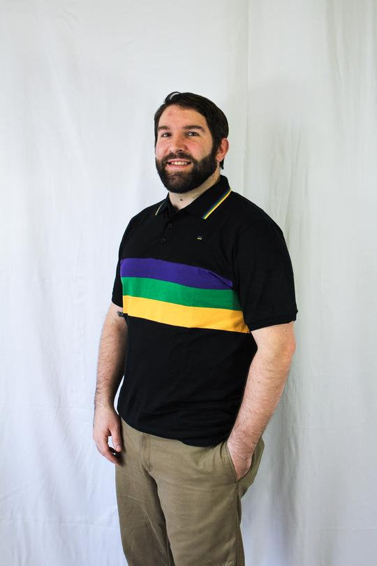 Mardi Gras Adult Black Short Sleeve Polo Shirt W/Purple Green and Gold Chest Stripes