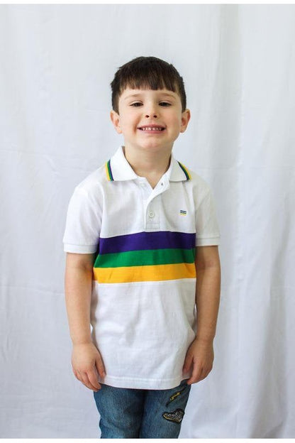 Mardi Gras Kids White Short Sleeve Polo Shirt W/Purple, Green And Gold Stripes