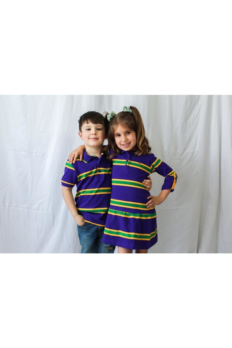 Mardi Gras Kids Short Sleeve Purple Polo Shirt W/Green and Gold Stripes