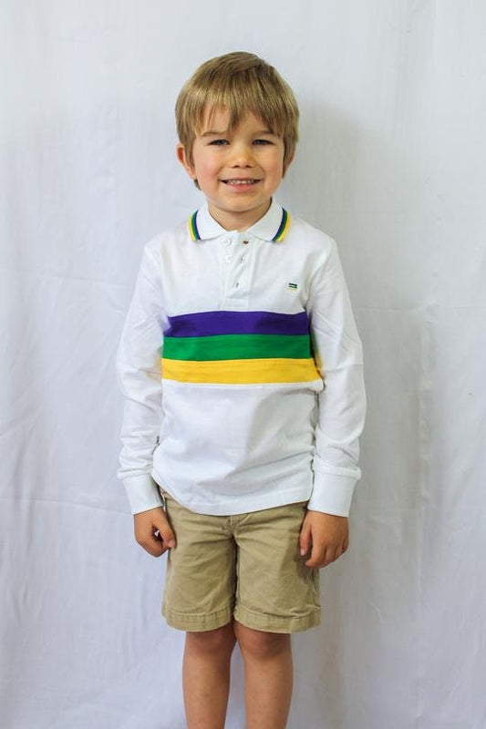 Mardi Gras Kids Long Sleeve Chest Stripe Polo Shirt