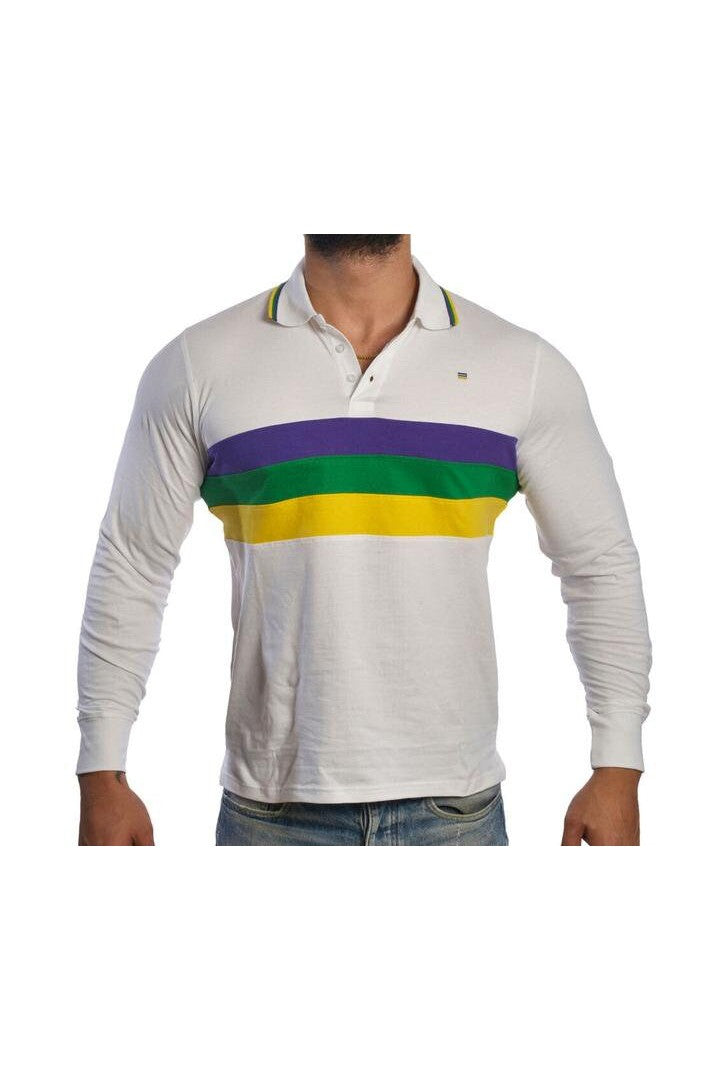 Mardi Gras Adult White Long Sleeve Polo Shirt W/Purple Green and Gold Stripes