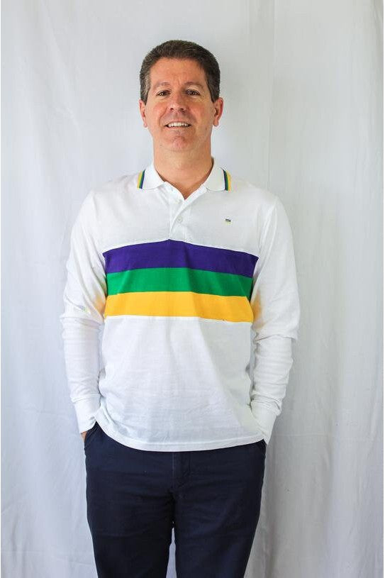 Mardi Gras Adult White Long Sleeve Polo Shirt W/Purple Green and Gold Stripes