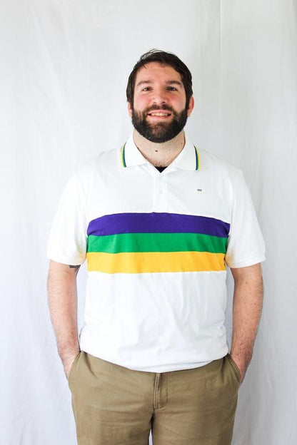 Mardi Gras Adult White Short Sleeve Polo Shirt W/Purple Green and Gold Stripes