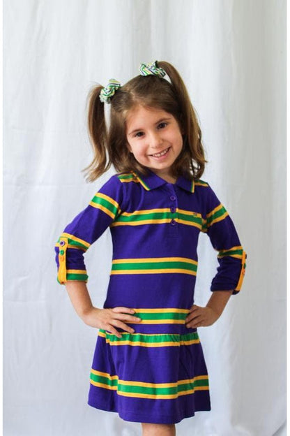 Mardi Gras Girls Dress W/Purple, Green & Gold Stripes