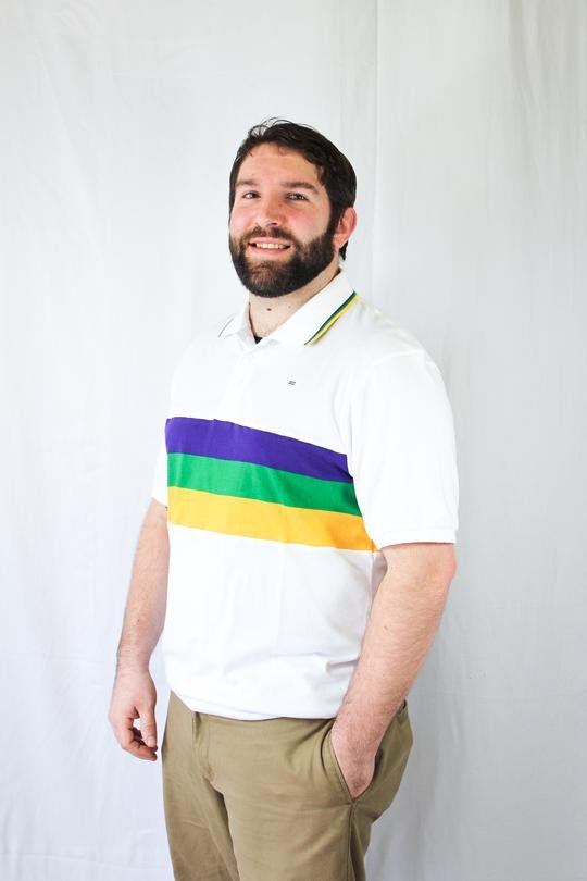 Mardi Gras Adult White Short Sleeve Polo Shirt W/Purple Green and Gold Stripes