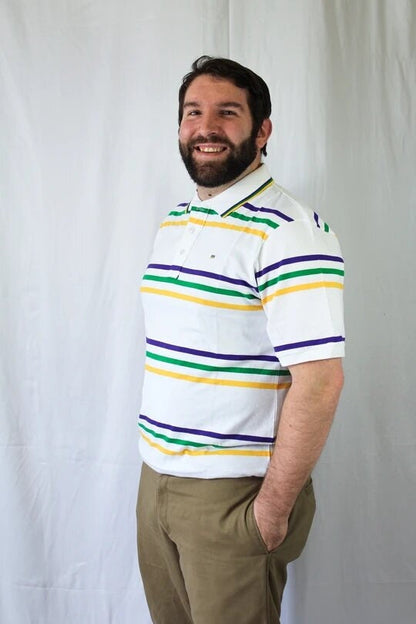 Mardi Gras Adult White Short Sleeve Polo Shirt W/Purple Green and Gold Stripes