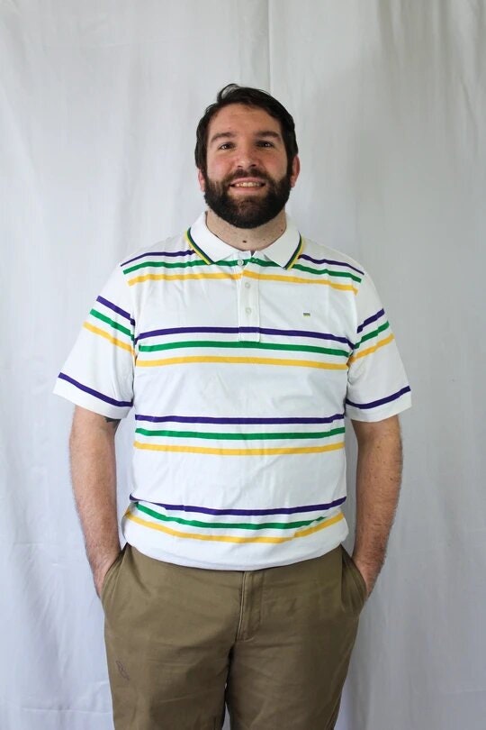 Mardi Gras Adult White Short Sleeve Polo Shirt W/Purple Green and Gold Stripes