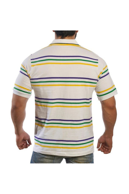 Mardi Gras Adult White Short Sleeve Polo Shirt W/Purple Green and Gold Stripes