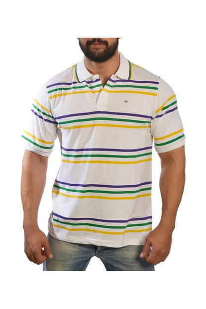 Mardi Gras Adult White Short Sleeve Polo Shirt W/Purple Green and Gold Stripes